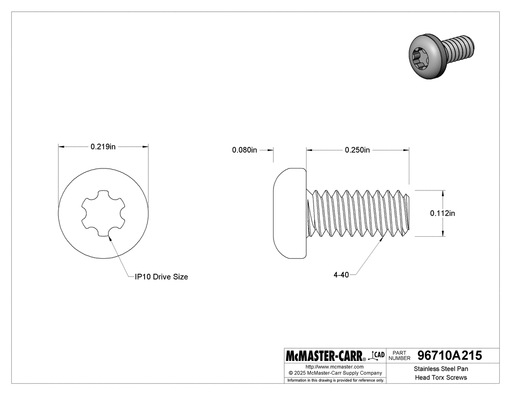 Technical Drawing of Stainless Steel Pan Head Torx Screws, 4-40 Thread Size, 1/4" Long.